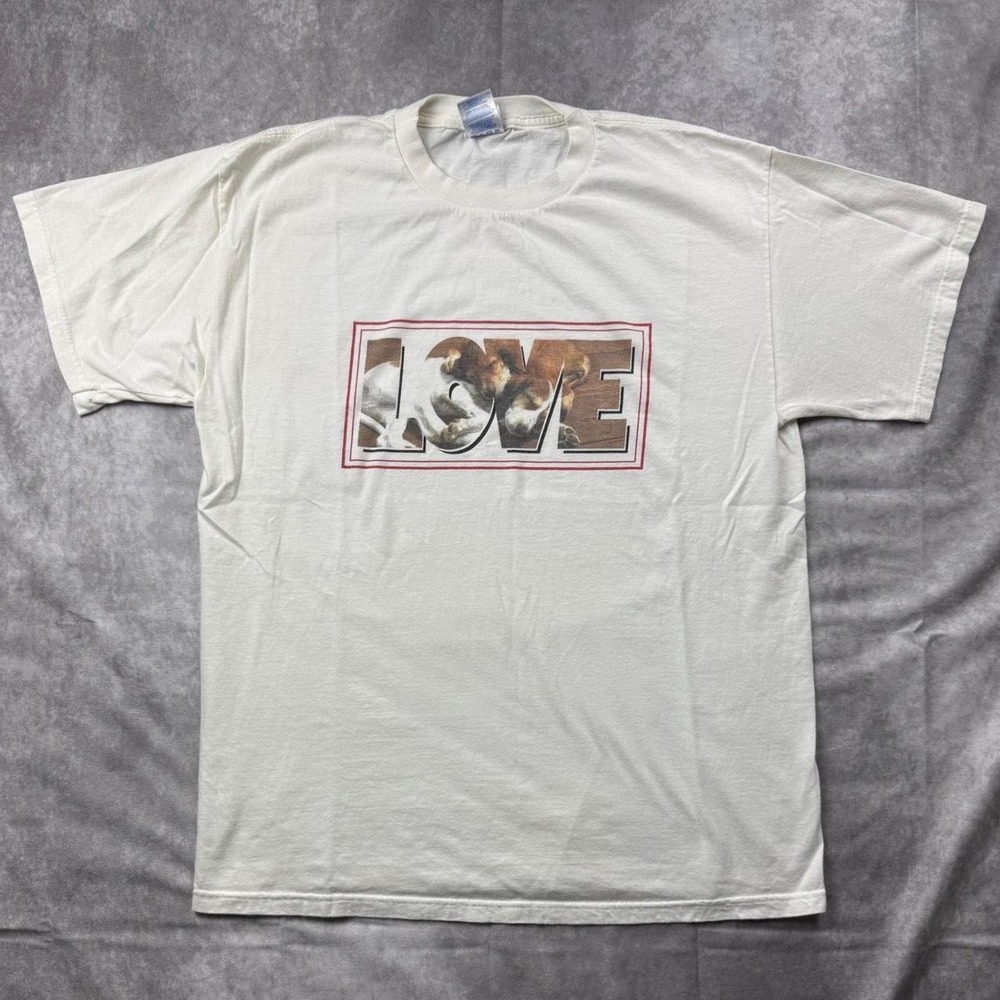M&O Knits Gold Mens LOVE Dog Graphic T-Shirt Cream Large Vintage Style Tee